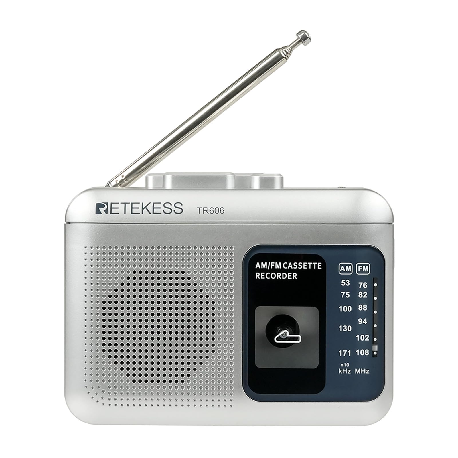 Retekess TR606 Cassette Player - Portable Cassette Tape Player with AM/FM Radio, Type-C/Battery-Powered, Recording, Microphone, Fast Forward, Silver срібний
Retekess TR606 Cassette Player - Portable Cassette Tape Player with AM/FM Radio, Type-C/Battery-Powered, Recording, Microphone, Fast Forward, Silver срібний