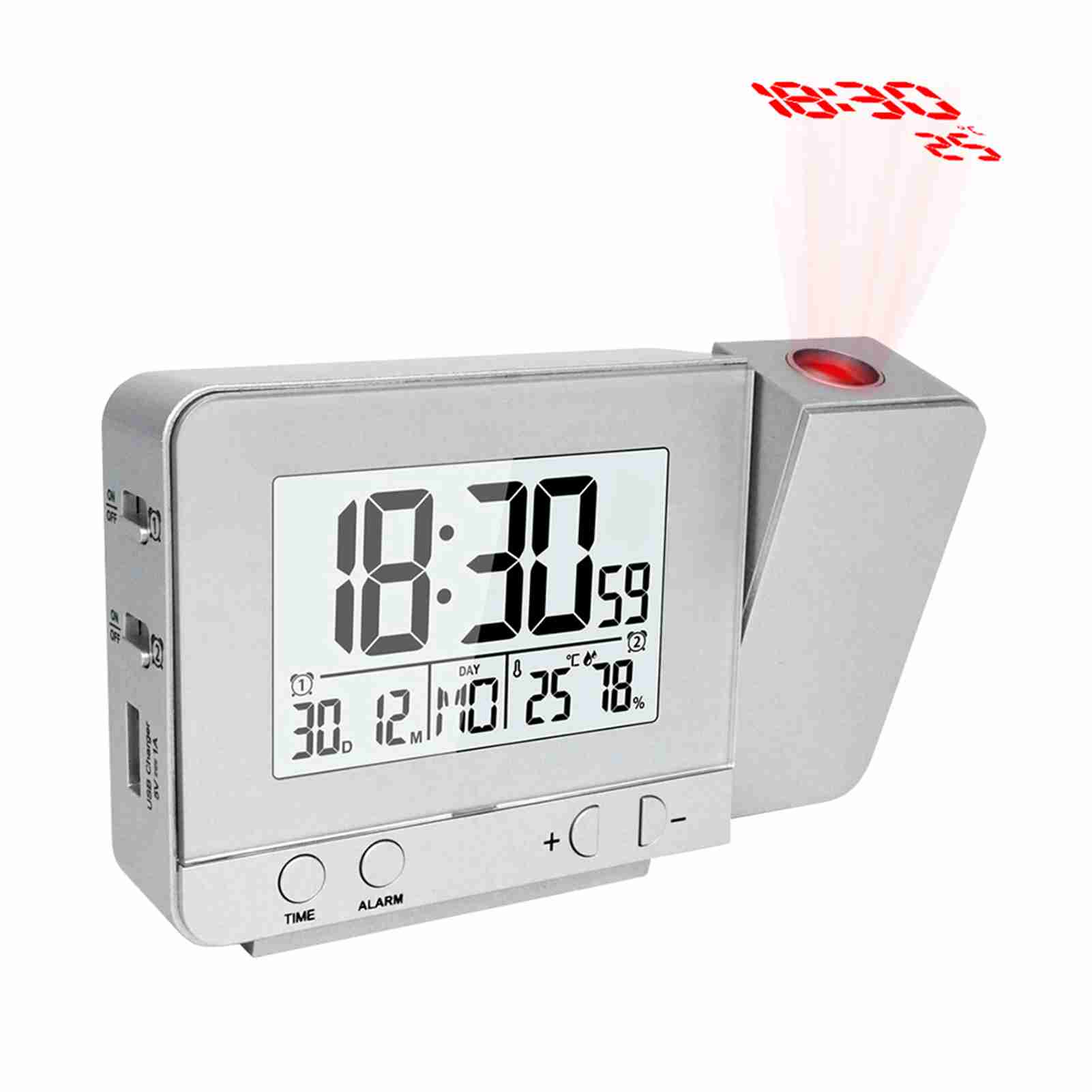 Projection Alarm Clock for Bedroom with Thermometer Hygrometer Digital Project Ceiling Clock Dimmable Display with USB Charger срібний
Projection Alarm Clock for Bedroom with Thermometer Hygrometer Digital Project Ceiling Clock Dimmable Display with USB Charger срібний