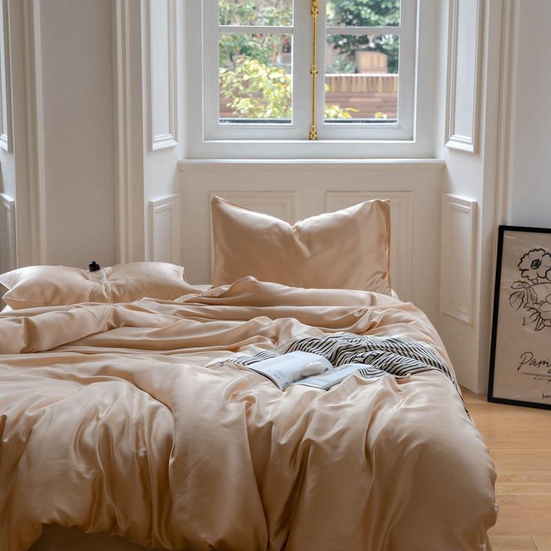 Комплект постельного белья из 4 предметов Летняя прохладная шелковая простыня Пододеяльник Защитный чехол для матраса Включает две наволочки Мягкий Легкий Дышащий Универсальный Всесезонный 1.2M-3Pcs