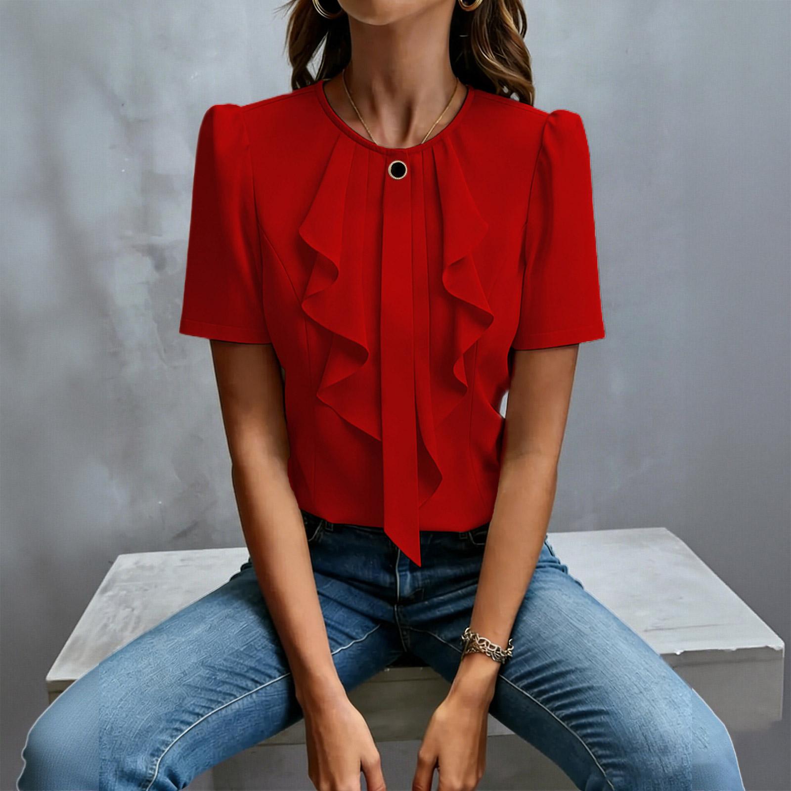 Women s Summer Short Sleeve Blouse Ruffled Front Detail Round Neck Lightweight Casual Shirt Top for Daily Wear S червоний
Women s Summer Short Sleeve Blouse Ruffled Front Detail Round Neck Lightweight Casual Shirt Top for Daily Wear S червоний