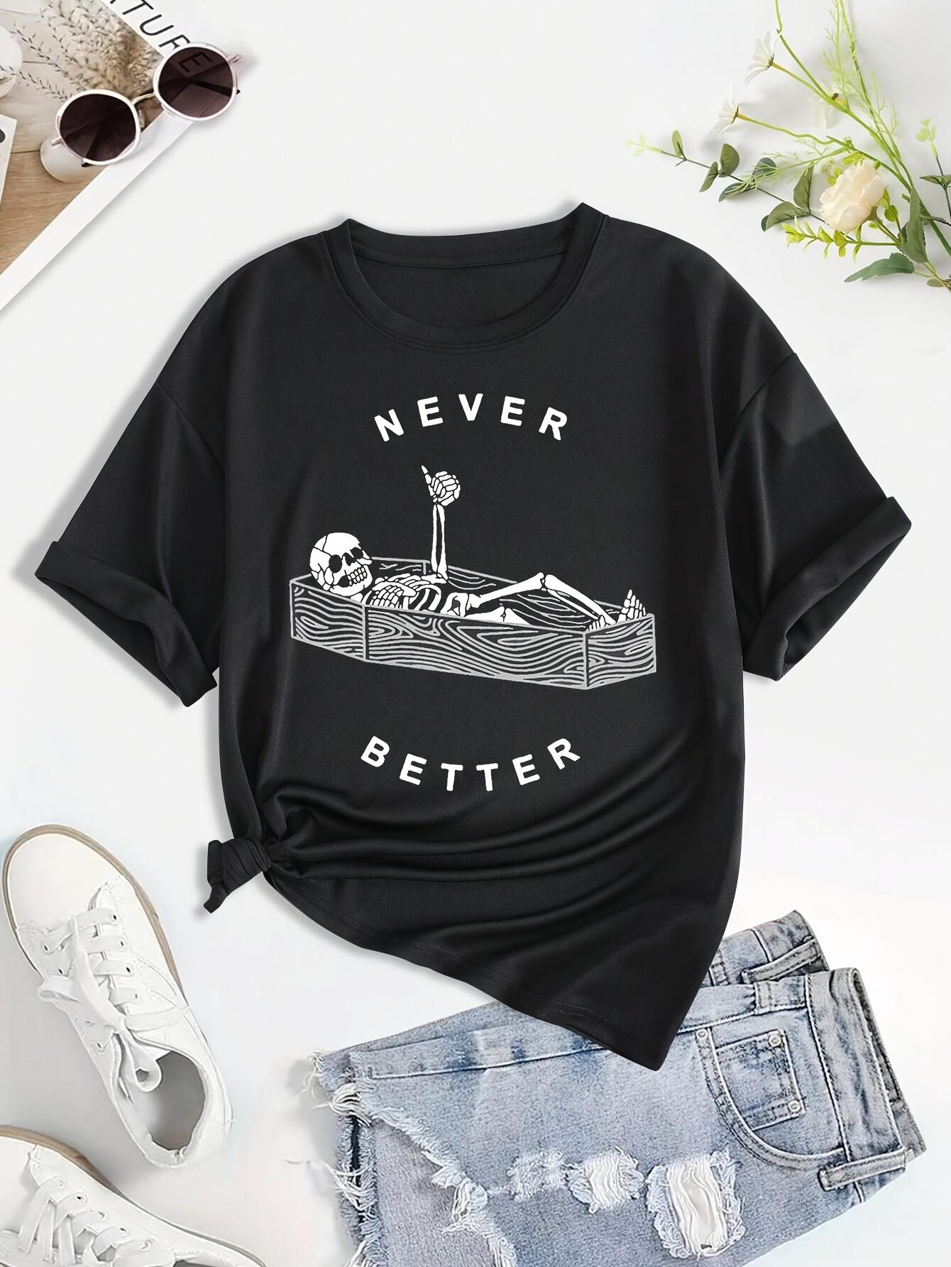 Never Better Skull Skeleton In The Coffin Print T-shirt, Short Sleeve Crew Neck Casual Top for Summer & Spring, Women s Clothing 5XL різнокольоровий
Never Better Skull Skeleton In The Coffin Print T-shirt, Short Sleeve Crew Neck Casual Top for Summer & Spring, Women s Clothing 5XL різнокольоровий
