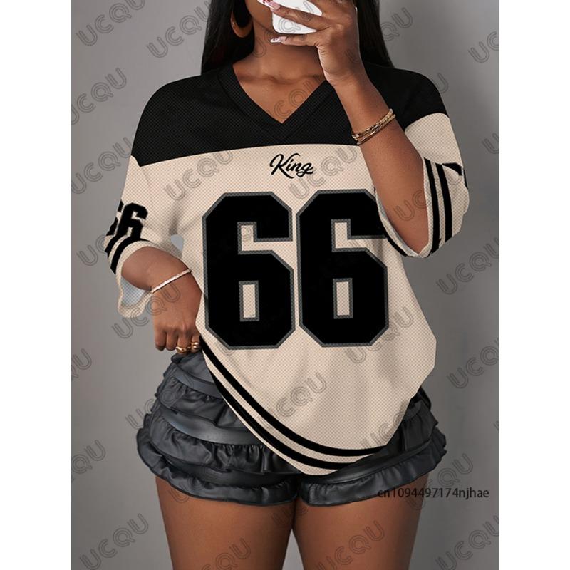 Summer New Letter King 66 Print T-Shirt For Women V-Neck Patchwork Short Sleeve Sports Football Jersey Loose Oversized Tops S
Summer New Letter King 66 Print T-Shirt For Women V-Neck Patchwork Short Sleeve Sports Football Jersey Loose Oversized Tops S