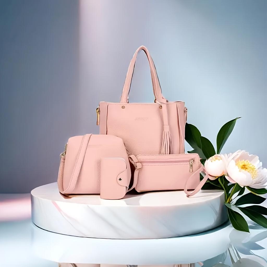 4 шт., комплект женских сумок, стильный женский кошелек из искусственной кожи, сумка через плечо, модный декор, аксессуар розовый
4 шт., комплект женских сумок, стильный женский кошелек из искусственной кожи, сумка через плечо, модный декор, аксессуар розовый