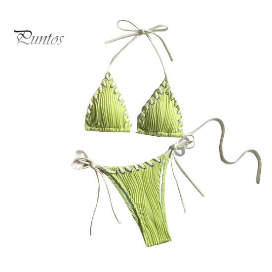 2 шт./комплект женский комплект бикини сексуальный плиссированный пэчворк цветной бюстгальтер халтер высокая талия плавки комплект со шнуровкой пляжный купальник S