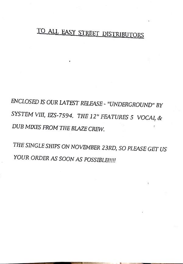 12inch Record SYSTEM VIII - Underground EZS7594 Easy Street Rec 1993 US Dance & Electronica Used
12inch Record SYSTEM VIII - Underground EZS7594 Easy Street Rec 1993 US Dance & Electronica Used