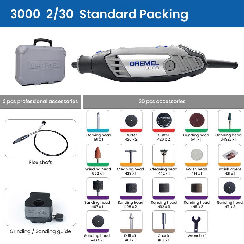 Dremel 3000 Multi-functional Electric Grinder with 2 Professional Accessories and 30 pcs daily use accessories
Dremel 3000 Multi-functional Electric Grinder with 2 Professional Accessories and 30 pcs daily use accessories
