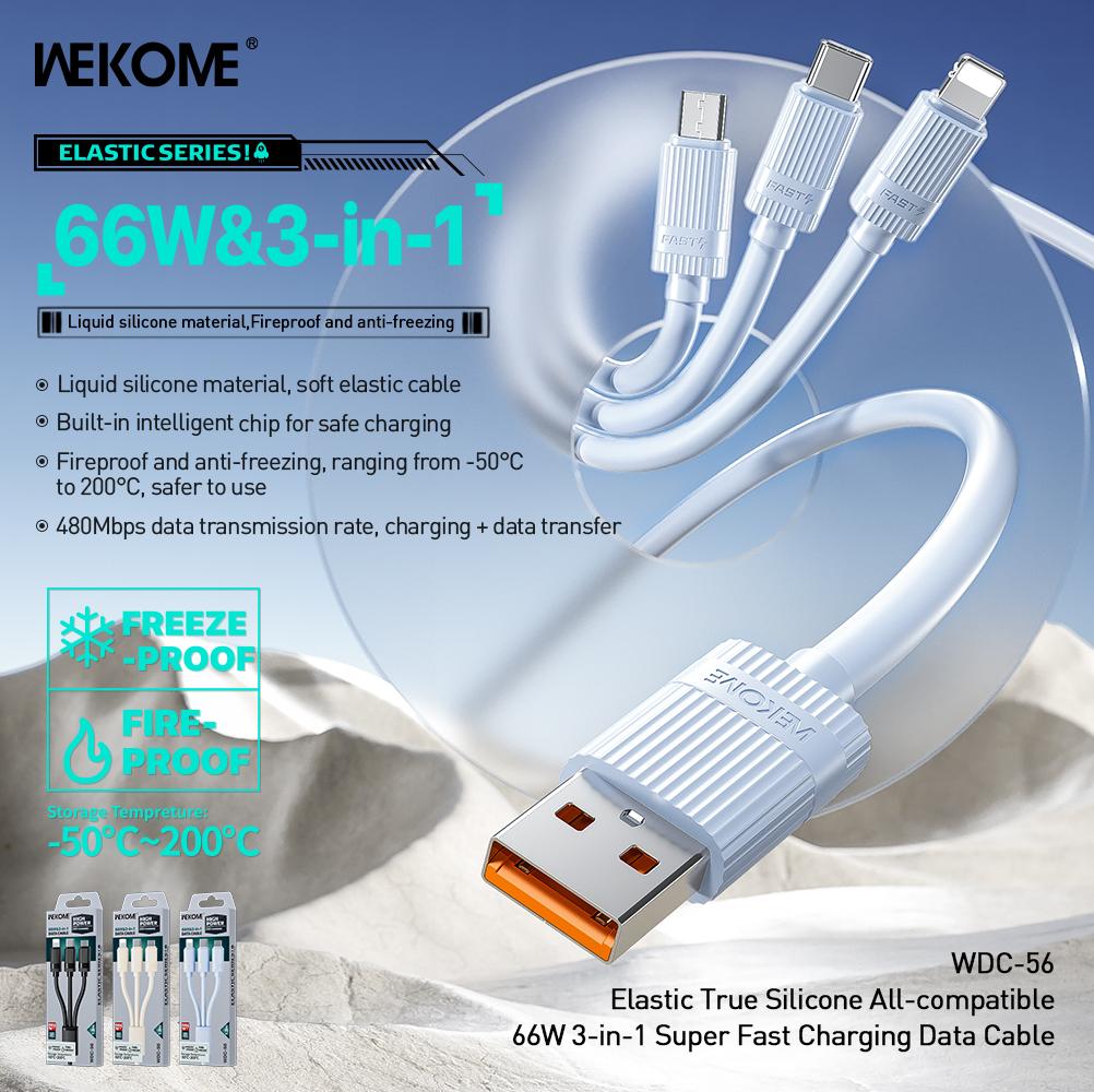 WEKOME WDC-56 3 In 1 Cable 66W 480Mbps Elastic Liquid Silicone Fast Charging Data Cable Black
WEKOME WDC-56 3 In 1 Cable 66W 480Mbps Elastic Liquid Silicone Fast Charging Data Cable Black