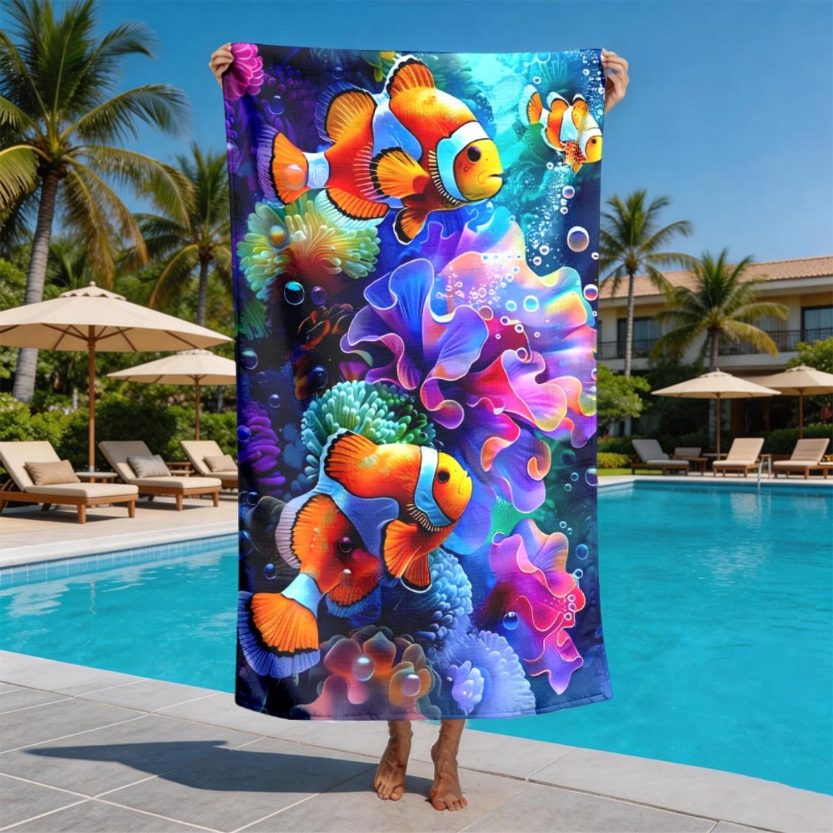 Watercolor Clownfish and Coral Reefs polyester microfiber beach towel is highly absorbent, suitable swimming and beach outings W30*H60(CM)
Watercolor Clownfish and Coral Reefs polyester microfiber beach towel is highly absorbent, suitable swimming and beach outings W30*H60(CM)
