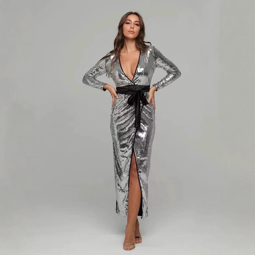 2025 European & American V-Neck Sequin Long Sleeve Evening Dress XL 
2025 European & American V-Neck Sequin Long Sleeve Evening Dress XL
