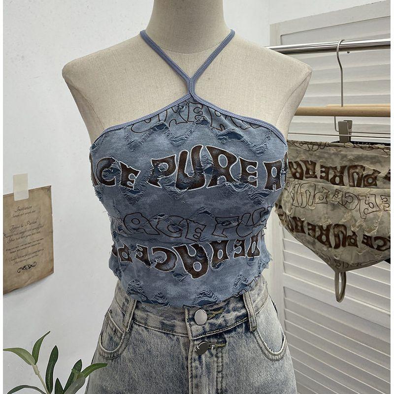 Real Shot of American-Style Spicy Girl Letter Print Distressed Ripped Halter Neck Tank Top Short Top with Chest Pads 6672 Blue One size fits all
Real Shot of American-Style Spicy Girl Letter Print Distressed Ripped Halter Neck Tank Top Short Top with Chest Pads 6672 Blue One size fits all