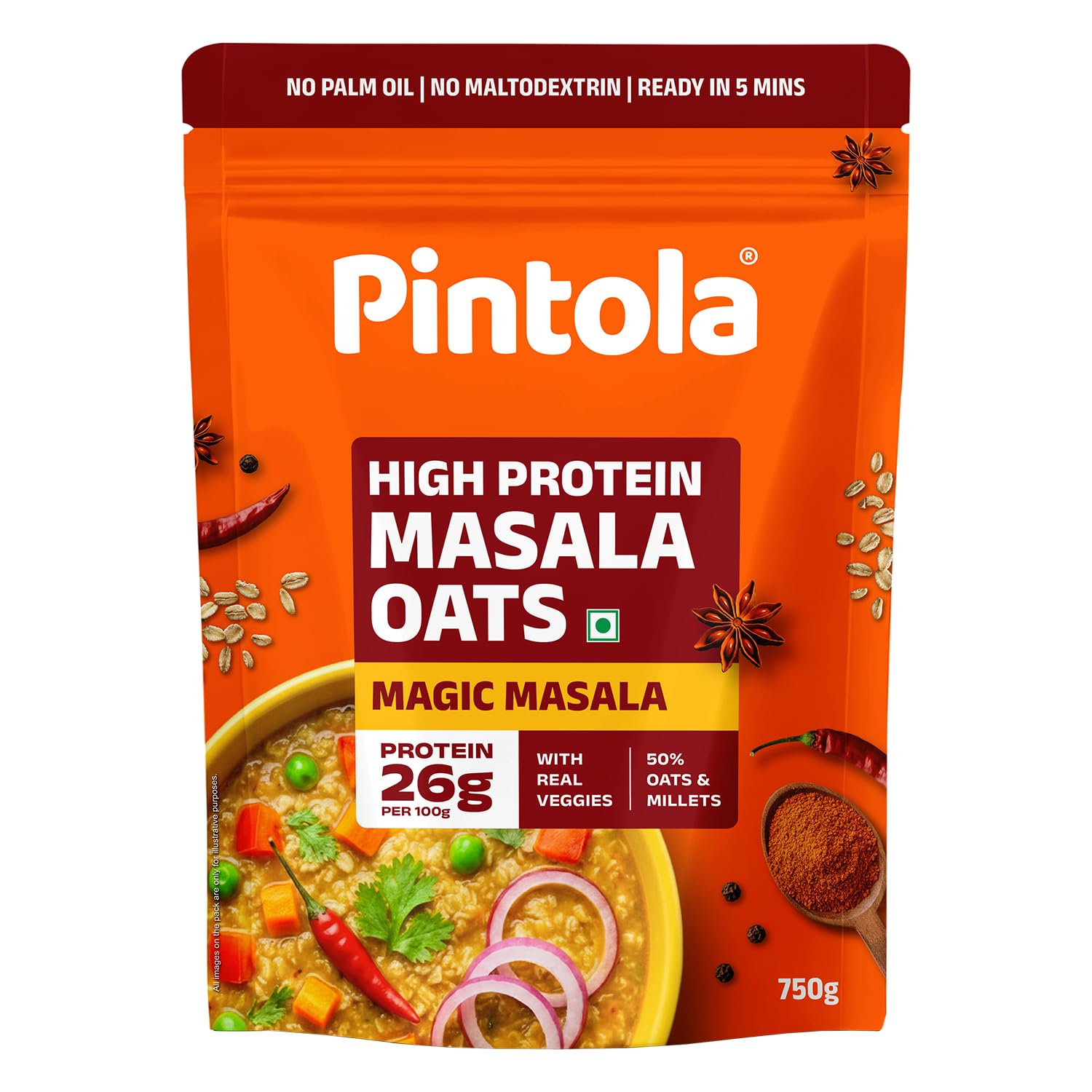 Pintola 26g High Protein Masala Oats 750g, Magic Masala, Breakfast Cereal with High Fiber & Veggies, No Palm Oil, No Preservatives, 5 min Healthy S
Pintola 26g High Protein Masala Oats 750g, Magic Masala, Breakfast Cereal with High Fiber & Veggies, No Palm Oil, No Preservatives, 5 min Healthy S