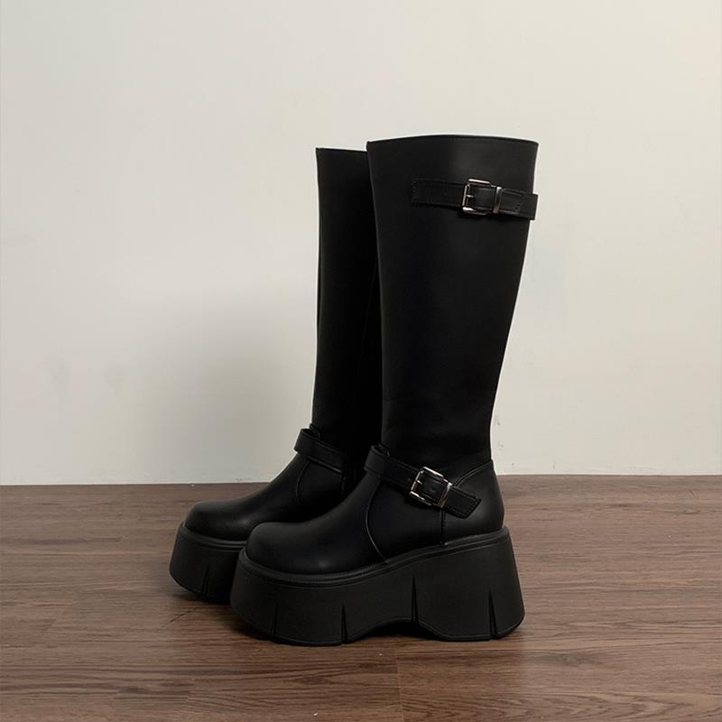 Модные туфли длинные сапоги женщины выглядят стройнее и выше новые осенне-зимние ретро маленькие французские толстые черные рыцарские сапоги на толстой подошве 34 чёрный
