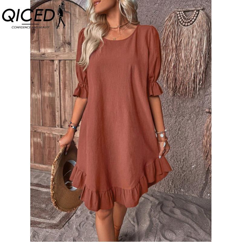 QICED Женская Мода Лето Весна Однотонный Принт Круглый Вырез Завышенная Талия Повседневные Платья L кирпич красный