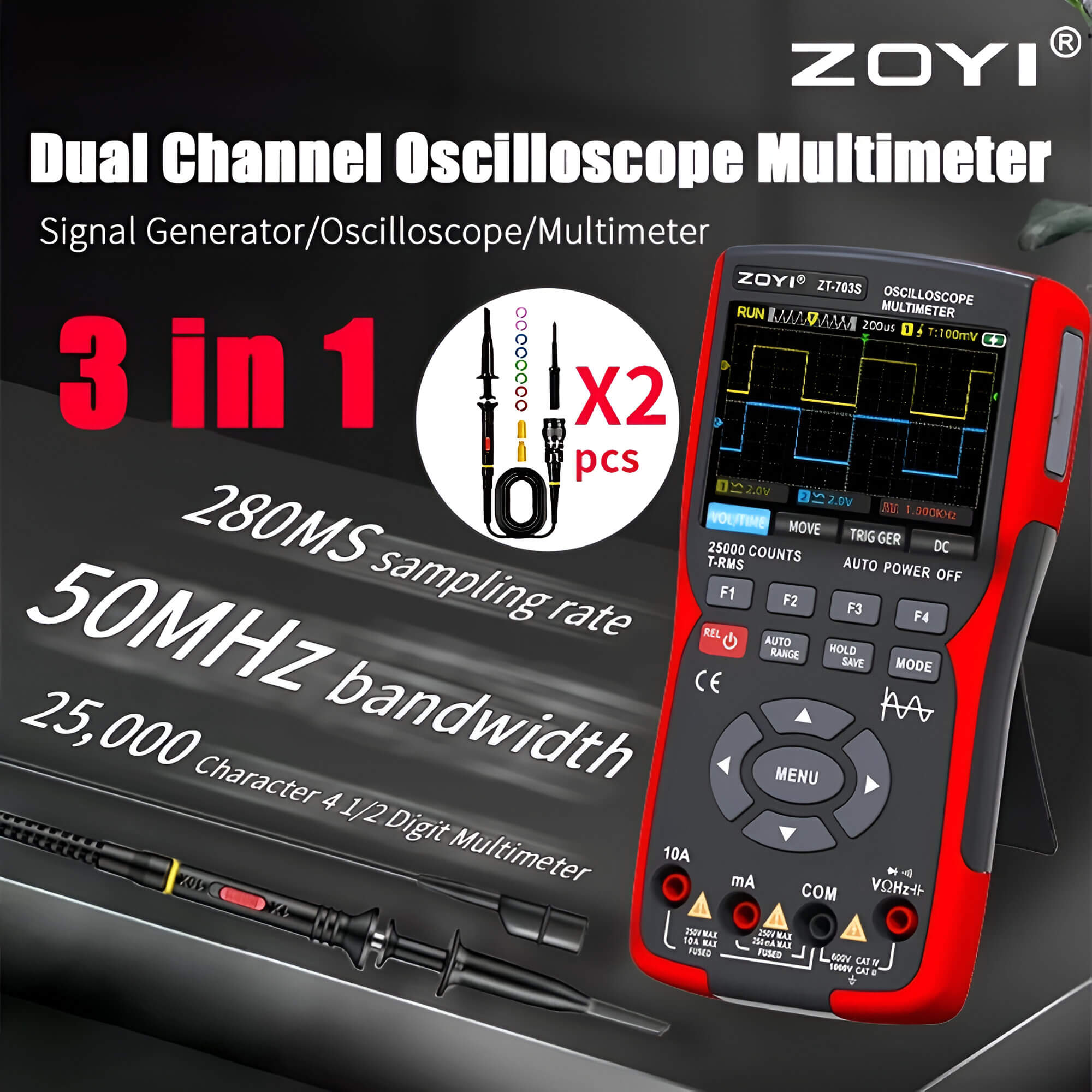 ZOYI Двоканальний осцилограф ZT-703S Багатофункціональний мультиметр Генератор сигналів 3-в-1 високої точності
ZOYI Двоканальний осцилограф ZT-703S Багатофункціональний мультиметр Генератор сигналів 3-в-1 високої точності