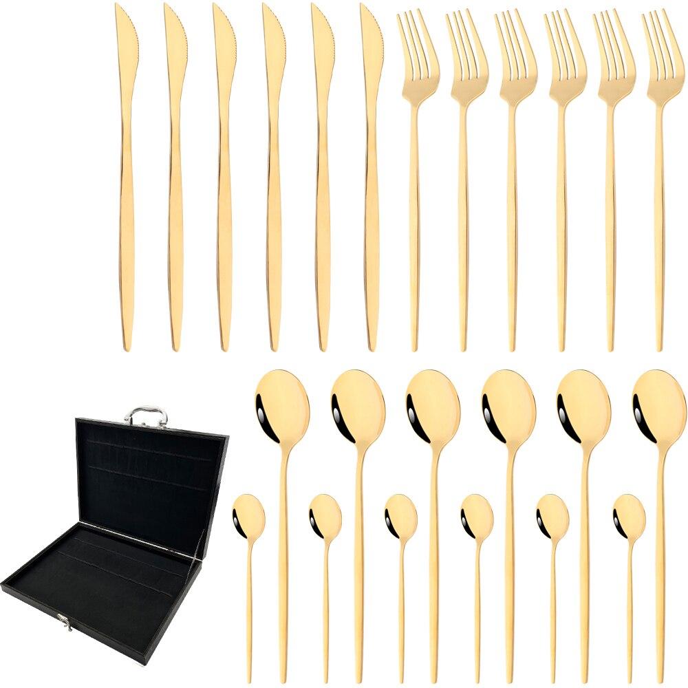 24 шт., зеркально полированный набор посуды, золотой нож, вилка, ложка, столовые приборы, подарок, столовые приборы из нержавеющей стали, столовые приборы, западная посуда с подарочной коробкой золотой