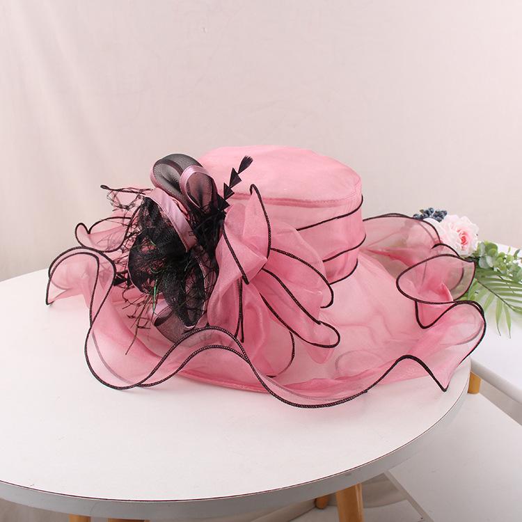 Солнечная шляпа Женская летняя модная трендовая брендовая шляпа из органзы с защитой от солнца, модная шляпа с перьями и цветами, большая шляпа для пляжа Adjustable