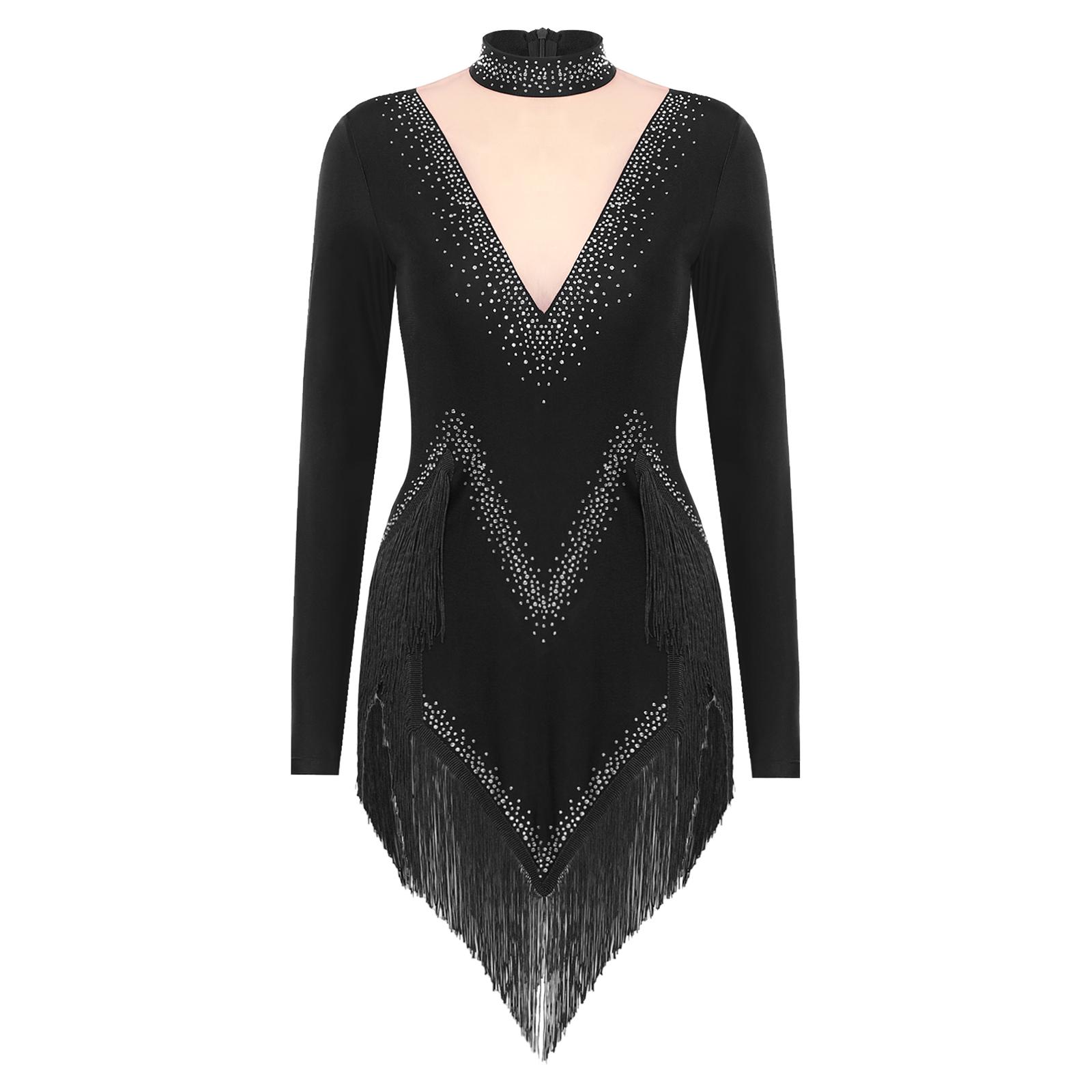Жіноча латиноамериканська танцювальна сукня з коміром-стійкою, довгим рукавом, нерівним подолом, блискучими стразами та бахромою, костюм для виступів S чорний
Жіноча латиноамериканська танцювальна сукня з коміром-стійкою, довгим рукавом, нерівним подолом, блискучими стразами та бахромою, костюм для виступів S чорний