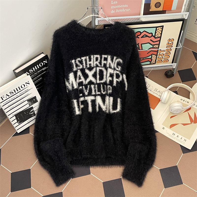 Ретро Пара Плюшевый Свитер из Норки - Унисекс Вязаный Кардиган на Осень/Зиму с Дизайном в Виде Букв M чёрный