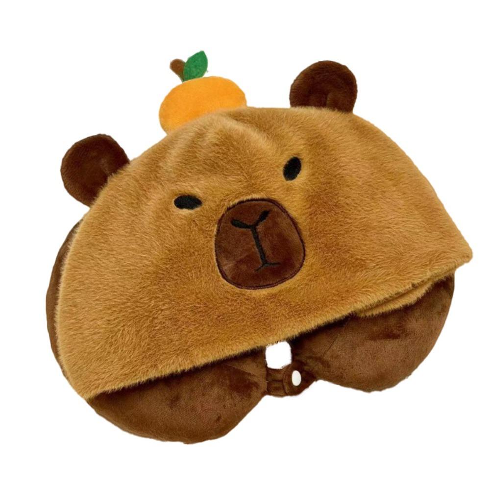 Подушка в форме буквы U с изображением капибары из мультфильма «Кавайи» и шляпой, мягкая плюшевая подушка для шеи с капюшоном для путешествий чёрный