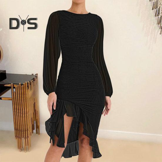Ladies Dress Pleated Irregular Ruffle Hem See through Lantern Sleeve Solid Color Slim Fit Knee Length Round Neck Soft Lady Knee Dress
Ladies Dress Pleated Irregular Ruffle Hem See through Lantern Sleeve Solid Color Slim Fit Knee Length Round Neck Soft Lady Knee Dress