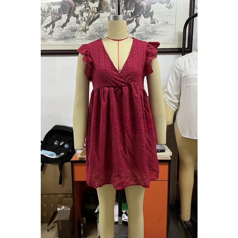 Летнее женское кружевное платье с V-образным вырезом и короткими рукавами для поездок на работу XXXL бордовый