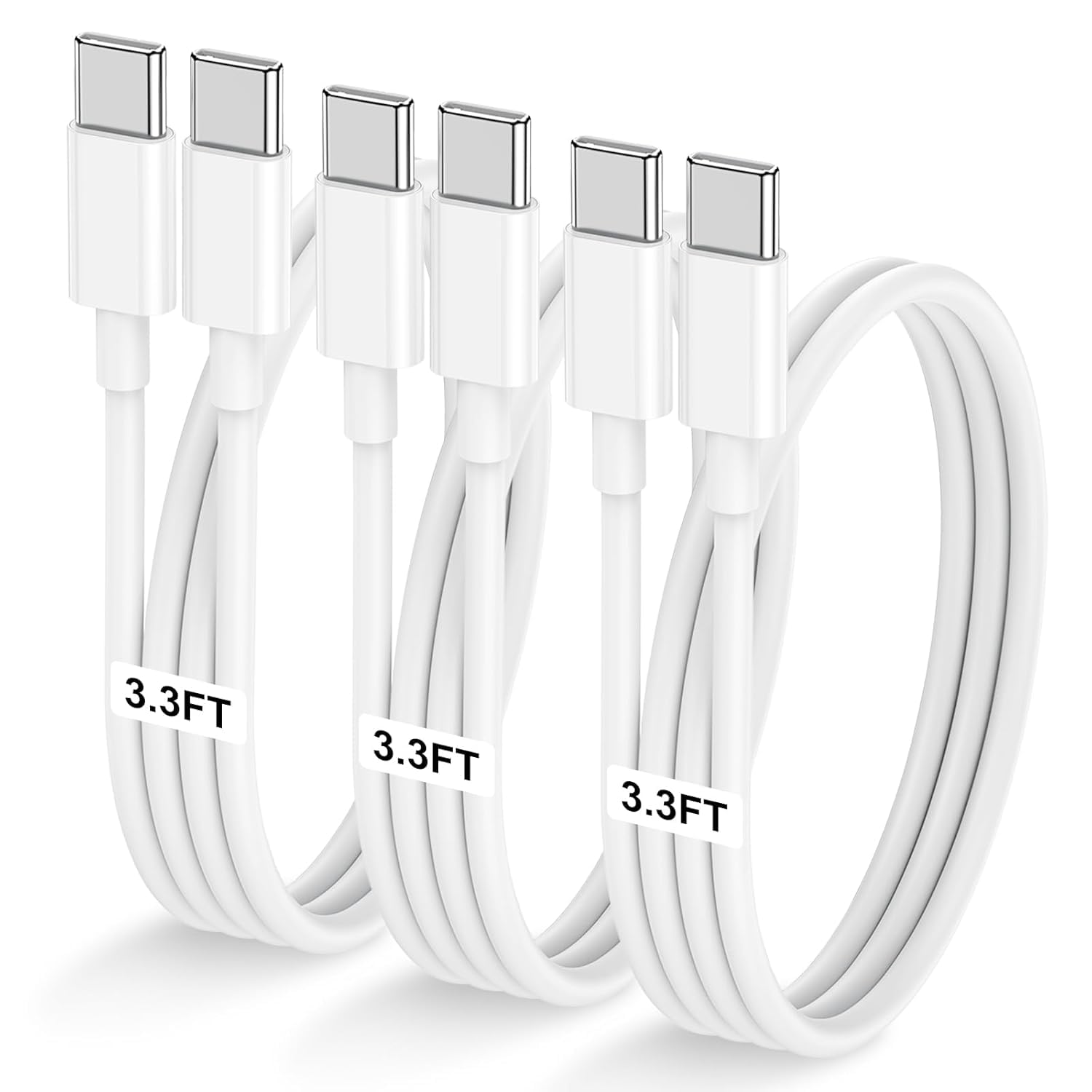 3pack,USB-C to USB-C Cable, 3.3 FT Fast Charging Cord, White,high Speed Data Transfer and sync. 1m