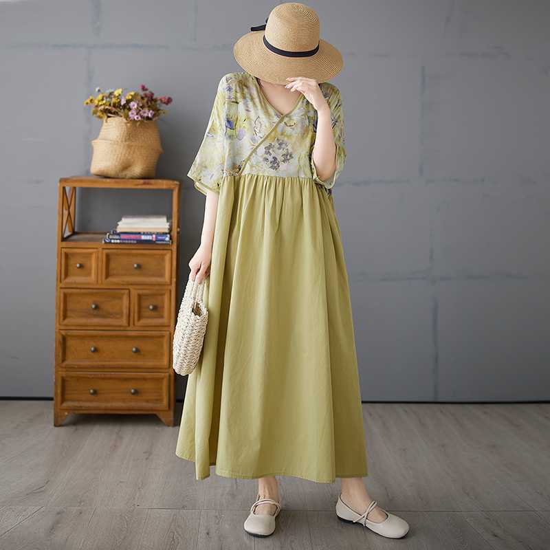 Хлопково-льняное летнее платье макси с V-образным вырезом и лоскутным узором One size