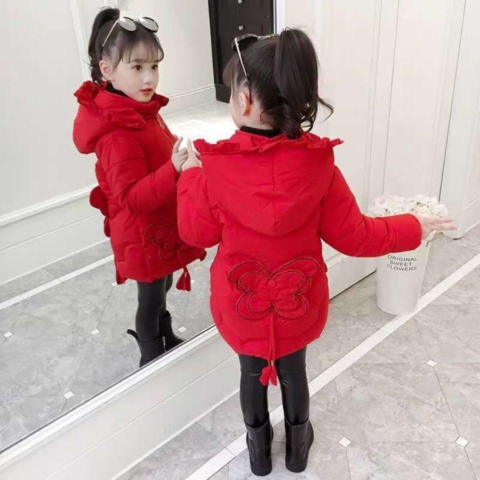 Пальто с узором «бабочка» для девочек, осенне-зимняя плотная верхняя одежда, теплое утолщенное хлопковое милое детское пальто с капюшоном 140 красный