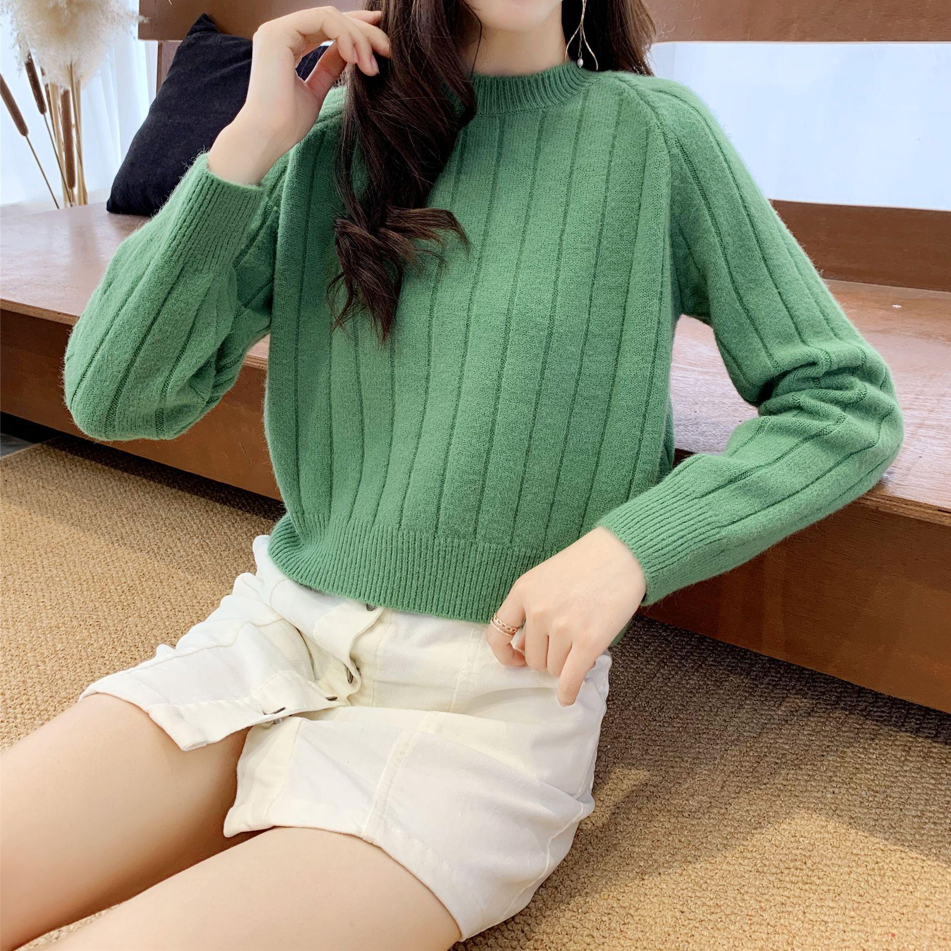 Осень и зима новый женский свитер с высокой талией ленивый стиль вязаный свитер короткая верхняя одежда топ свитер для женщин 3XL зелёный