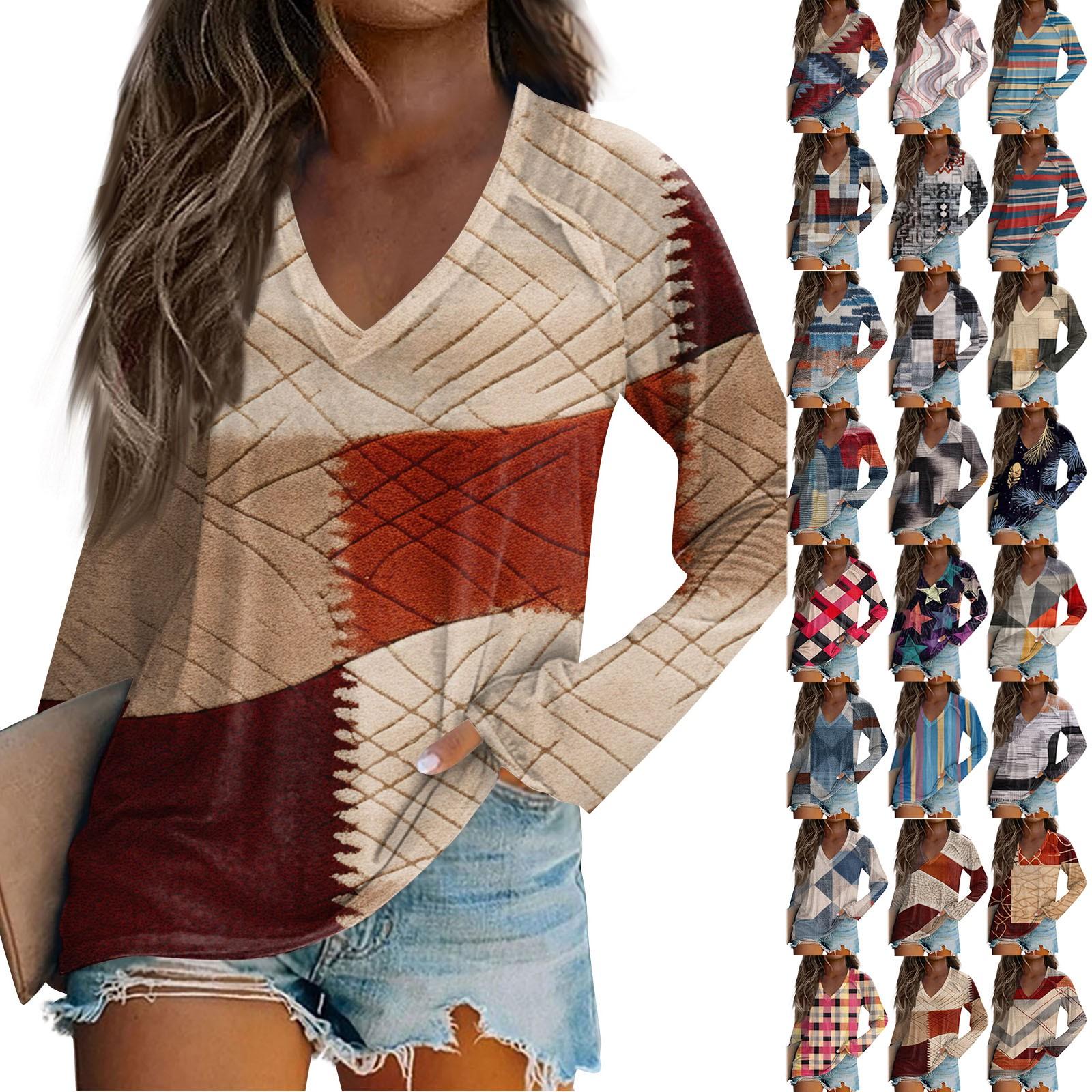 Женская футболка с длинным рукавом, повседневный комфортный топ с v-образным вырезом и принтом 
Женская футболка с длинным рукавом, повседневный комфортный топ с v-образным вырезом и принтом