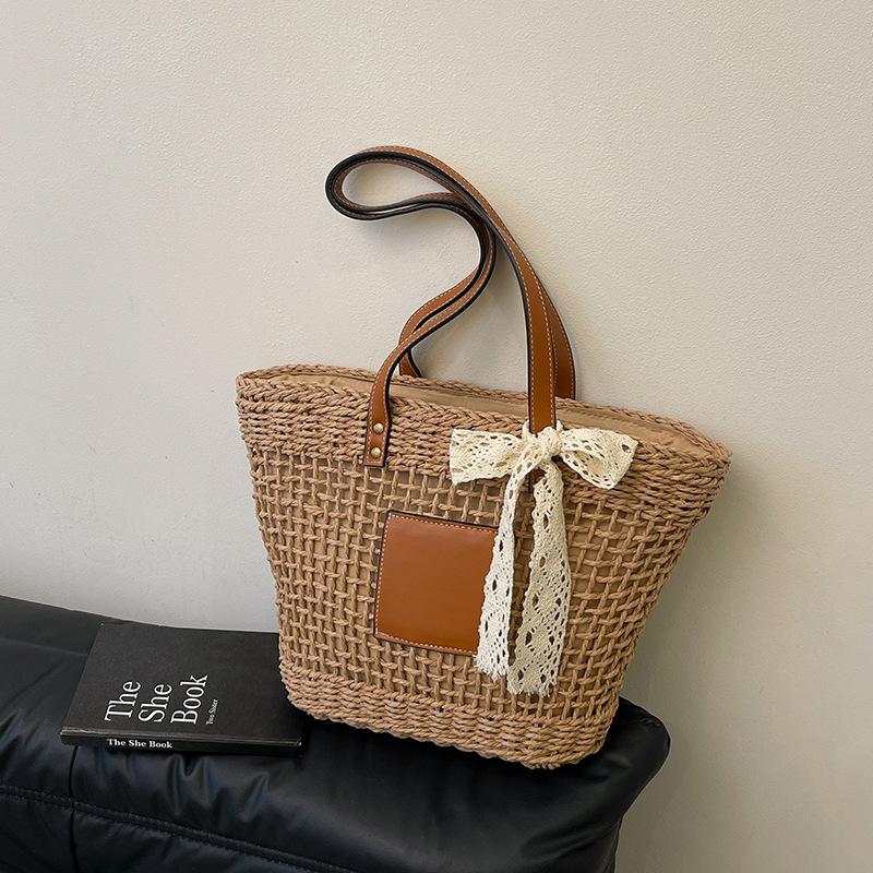 Плетеная сумка женская 2025 новая соломенная сумка летняя отпуск пляжная сумка универсальная большая вместимость на плечо сумка-тоут хаки