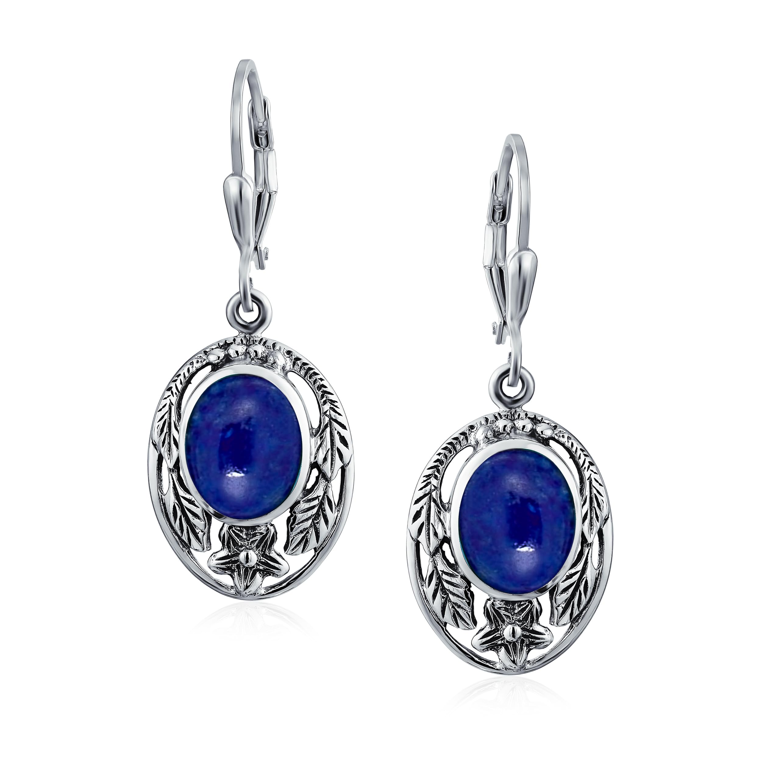 Jewelry Oval Flower and Leaf Engraved Blue Lapis Lazuli Leverback Earrings for Made of Oxidized Sterling Western Women. .925 Silver.
Jewelry Oval Flower and Leaf Engraved Blue Lapis Lazuli Leverback Earrings for Made of Oxidized Sterling Western Women. .925 Silver.