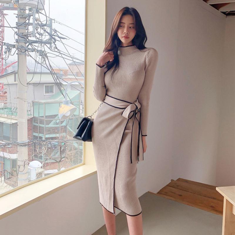 **Korean Chic Retro Color Block Knit Dress with Waist Tie** Small хаки
**Korean Chic Retro Color Block Knit Dress with Waist Tie** Small хаки