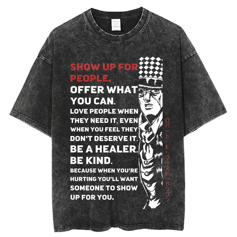 Винтажная стираная футболка JoJo s Bizarre Adventure, мужская уличная одежда в стиле Харадзюку в стиле хип-хоп, топы с короткими рукавами из 100% хлопка
Винтажная стираная футболка JoJo s Bizarre Adventure, мужская уличная одежда в стиле Харадзюку в стиле хип-хоп, топы с короткими рукавами из 100% хлопка