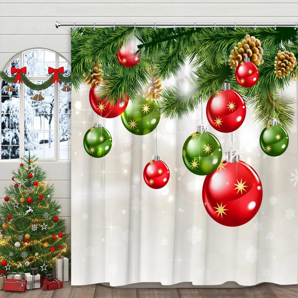 Рождественский шар Занавеска для душа Рождественская сосна Подарок Зима Снежинка Мультяшная Семья Полиэстеровая ткань Декор для ванной Комнаты Занавески 90x180cm