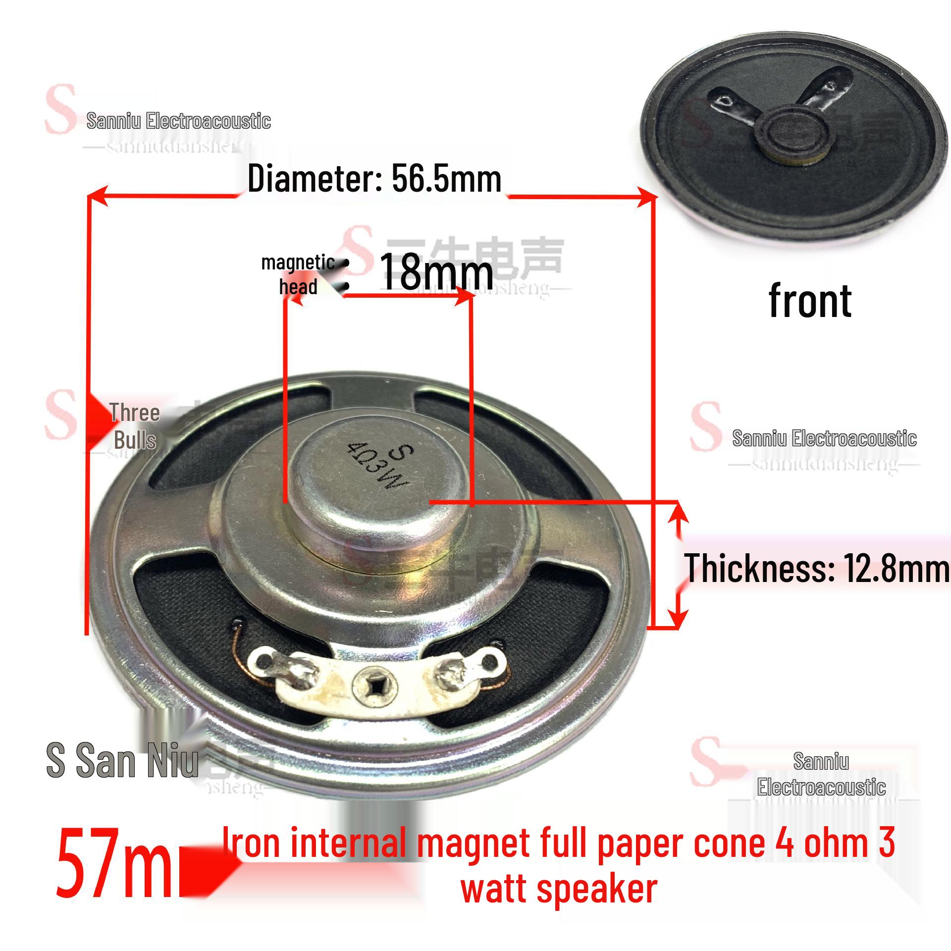 57mm Iron Shell Speaker, Internal Magnet, Full Paper Cone, 4 Ohm, 3W for Radio/Broadcast Use.
57mm Iron Shell Speaker, Internal Magnet, Full Paper Cone, 4 Ohm, 3W for Radio/Broadcast Use.