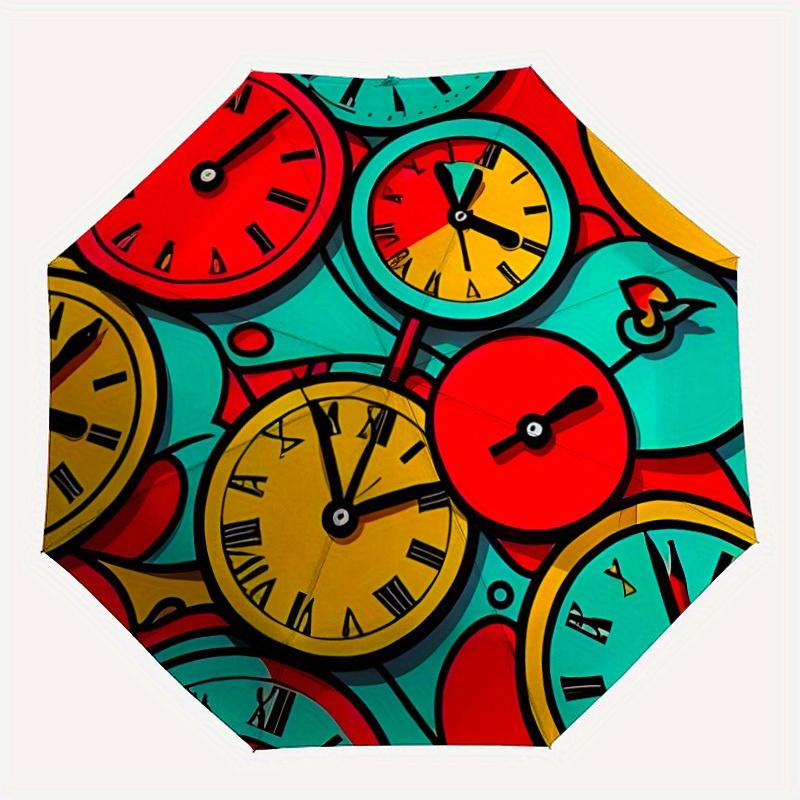 1pc Colorful Clocks Automatic Folding Umbrella - 8-Rib Iron Frame, Windproof, Portable Sunshade with Plastic Handle for Travel & Outdoor Act
1pc Colorful Clocks Automatic Folding Umbrella - 8-Rib Iron Frame, Windproof, Portable Sunshade with Plastic Handle for Travel & Outdoor Act