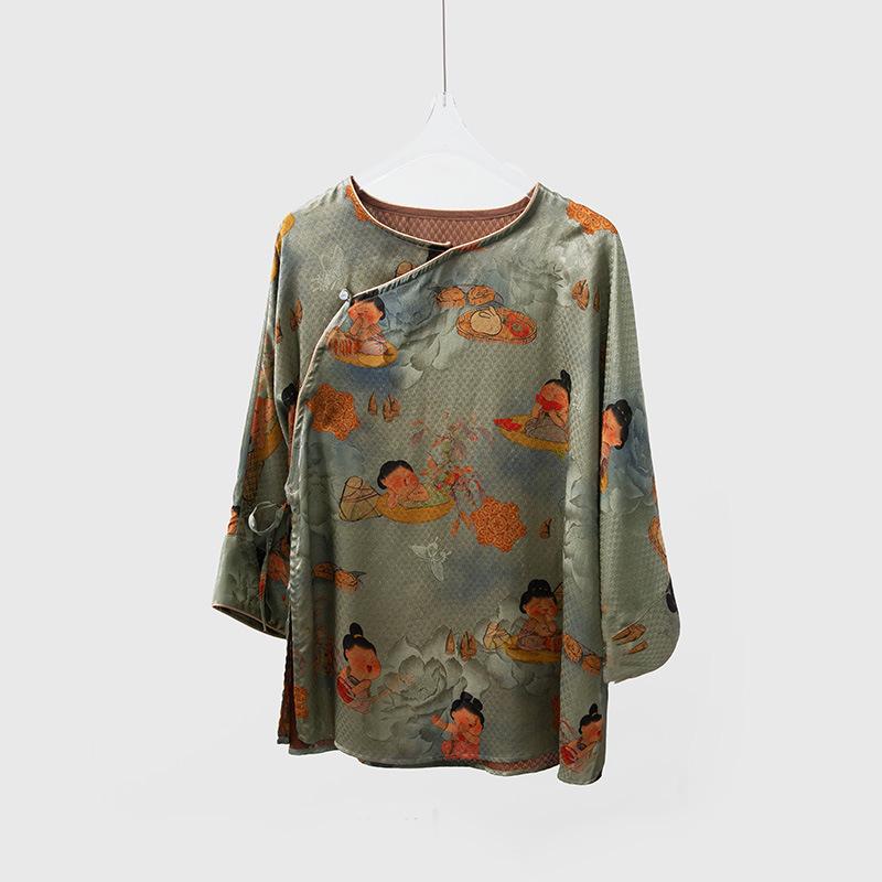 100% Mulberry Silk Jacquard Top: Slanted Placket, National Style, Loose Fit, New Chinese Style Shirt One Size
100% Mulberry Silk Jacquard Top: Slanted Placket, National Style, Loose Fit, New Chinese Style Shirt One Size