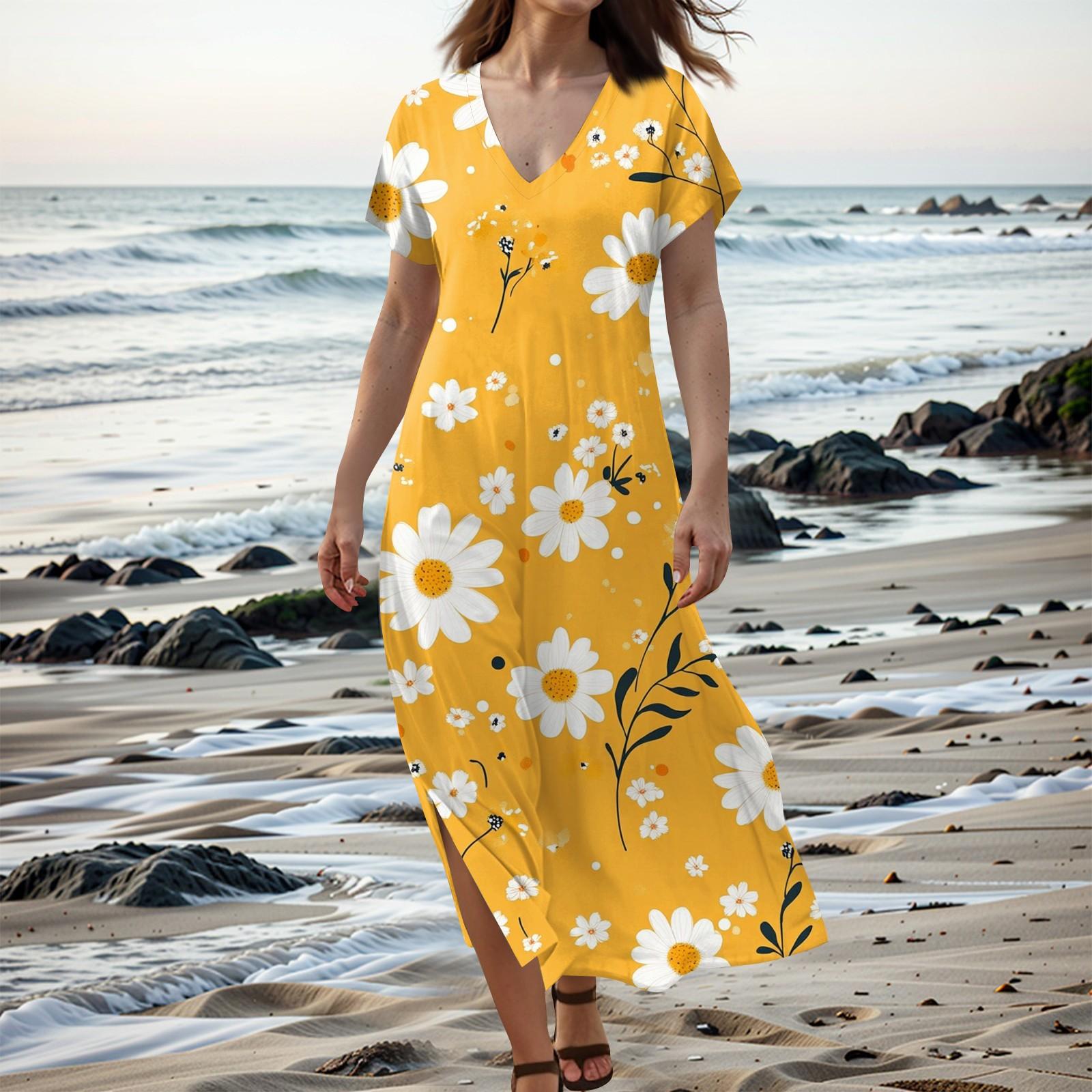 Женское летнее цветочное платье с коротким рукавом, пляжное платье с карманами, повседневное платье-футболка с V-образным вырезом и разрезом, длинное платье для путешествий и отпуска XXL жёлтый
Женское летнее цветочное платье с коротким рукавом, пляжное платье с карманами, повседневное платье-футболка с V-образным вырезом и разрезом, длинное платье для путешествий и отпуска XXL жёлтый