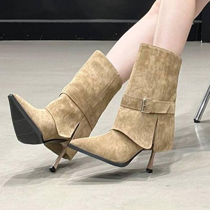 Женские ботильоны на высоком каблуке с острым носком, туфли для платья, роскошная замша, зимние боты 2025, дизайнерские туфли-лодочки, женские ботинки челси 40 абрикосовый