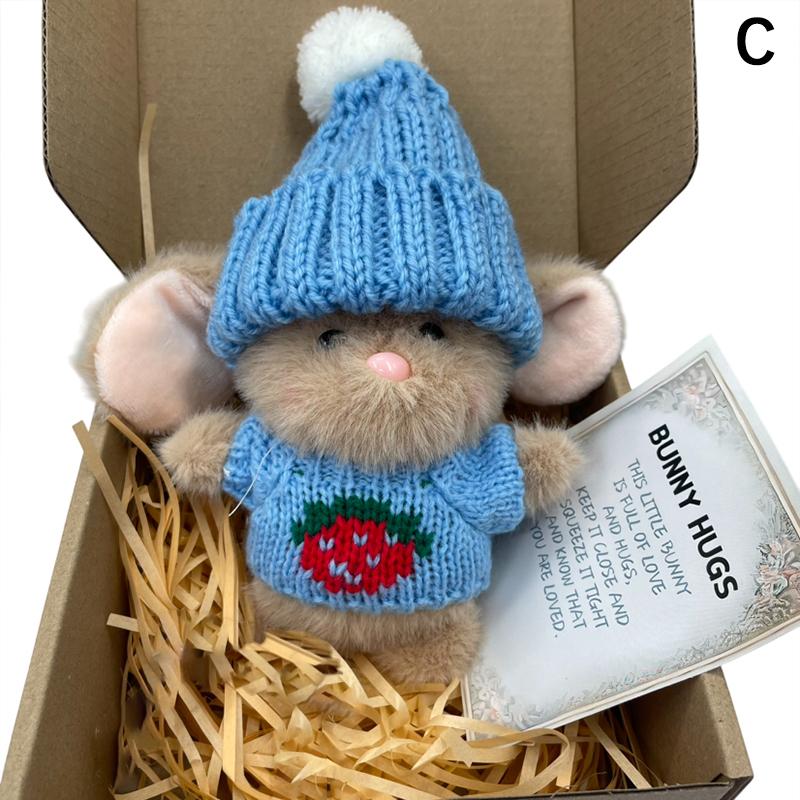 Мини Зайчик Обнимашка Милый Пасхальный Подарок Плюшевый Зайчик в Вязаной Шапке и с Помпоном Мягкий Карманный Кролик для Эмоциональной Поддержки с Подарочной Коробкой и Открыткой