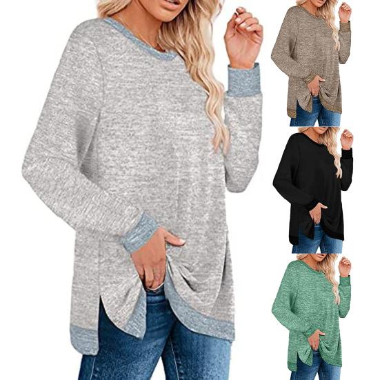 Women Top Contrast Colors Side Split O Neck Breathable Lady Shirt 
Women Top Contrast Colors Side Split O Neck Breathable Lady Shirt