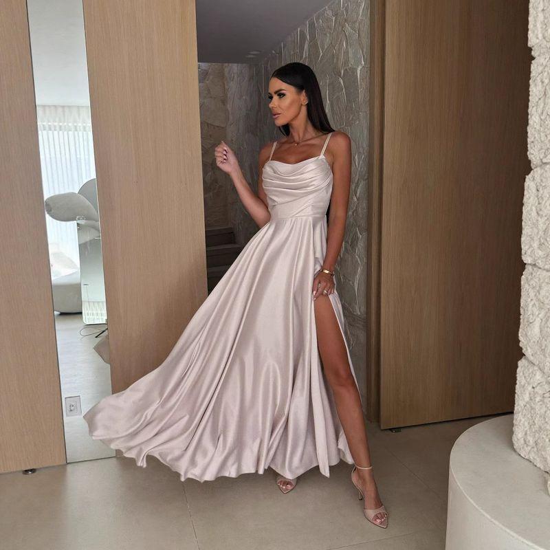Модный стиль Летняя женская одежда Сексуальное однотонное платье на бретелях с разрезом Женское банкетное платье с открытой спиной Длинная юбка Apricot M