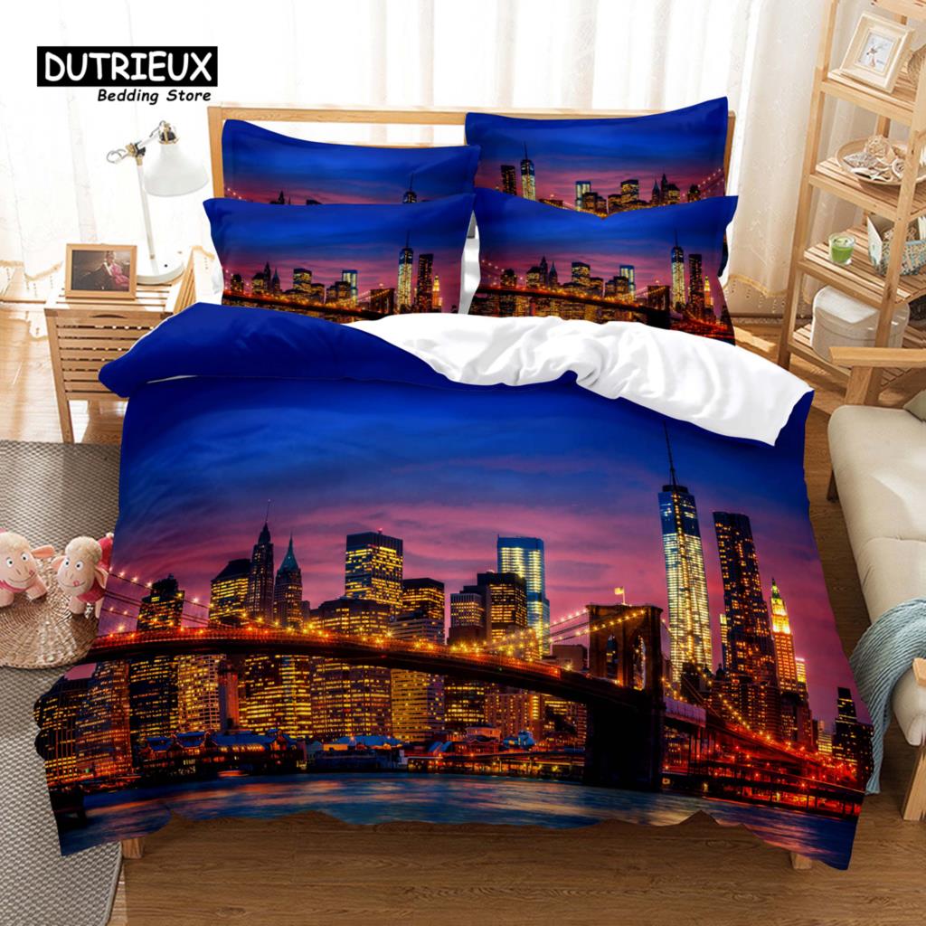Комплект постельного белья «Городская ночная сцена», комплект из 3 пододеяльников, мягкий, удобный, дышащий пододеяльник, для декора спальни и гостевой комнаты EU single(135x200cm)