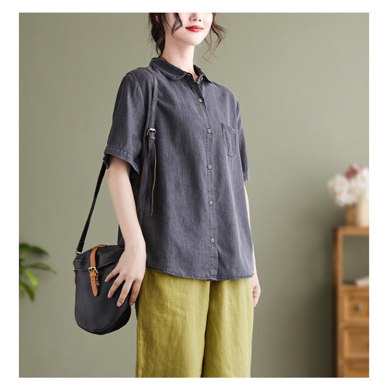 2022 Summer Artistic Loose-Fit Plus Size Retro Tencel Denim Short Sleeve Shirt M темно-сірий
2022 Summer Artistic Loose-Fit Plus Size Retro Tencel Denim Short Sleeve Shirt M темно-сірий