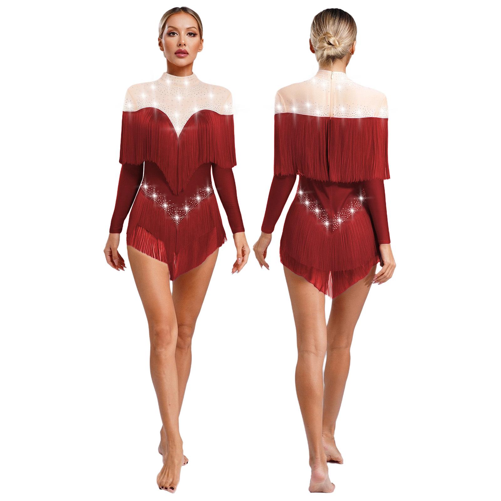 Женский купальник для латиноамериканских танцев - Боди с длинным рукавом и воротником-стойкой, с кисточками, прозрачной сеткой и стразами для сценических выступлений S бордовый
Женский купальник для латиноамериканских танцев - Боди с длинным рукавом и воротником-стойкой, с кисточками, прозрачной сеткой и стразами для сценических выступлений S бордовый