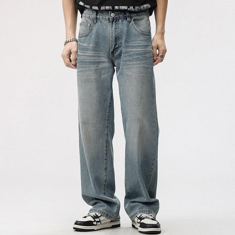 Весенне-летние джинсы прямого кроя в американском стиле, мужские, с ретро-эффектом, мятые, драпирующиеся 38 синий