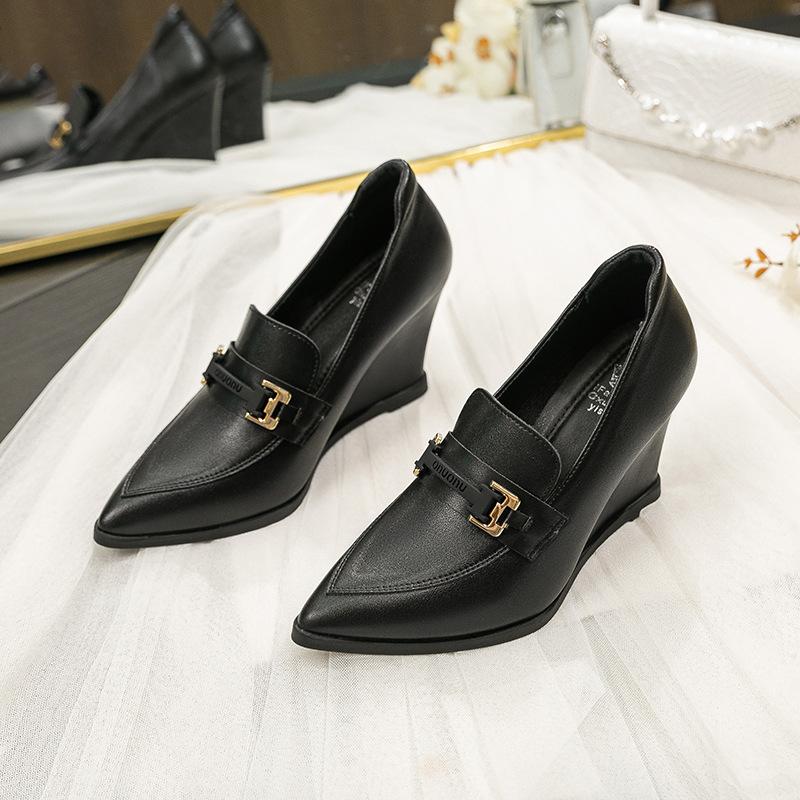 Модные FHC Весенние Клинья из Мягкой Кожи на Высоком Каблуке, Женские Туфли на Платформе, Туфли с Мелким Вырезом, Острый Носок, Слипоны, 8 СМ, Черные, Дропшиппинг 34 чёрный