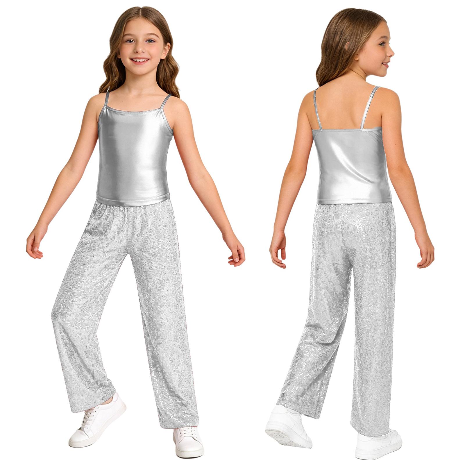 Kids Girls Jazz Dance Outfit Spaghetti Strap Metallic Camisole with Elastic Waistband Sparkling Sequin Pants for Stage Performance 5-6 Years срібний
Kids Girls Jazz Dance Outfit Spaghetti Strap Metallic Camisole with Elastic Waistband Sparkling Sequin Pants for Stage Performance 5-6 Years срібний