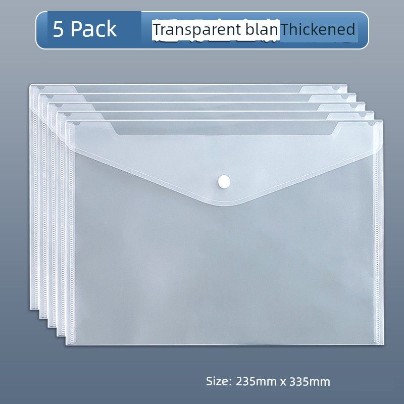 Large Capacity Snap Button Test Paper Storage Bag Business Office Supplies Student File Information Bag Folder Stationery Document Wholesale 5-Pack (Extra Thick, Blank, Transparent)
Large Capacity Snap Button Test Paper Storage Bag Business Office Supplies Student File Information Bag Folder Stationery Document Wholesale 5-Pack (Extra Thick, Blank, Transparent)
